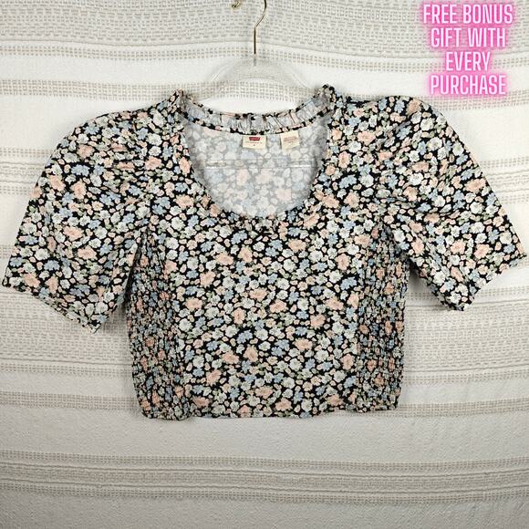 Levi’s Floral Crop Top Puff Sleeve Smocked Blouse Black Multicolor Size M NEW - Picture 1 of 8